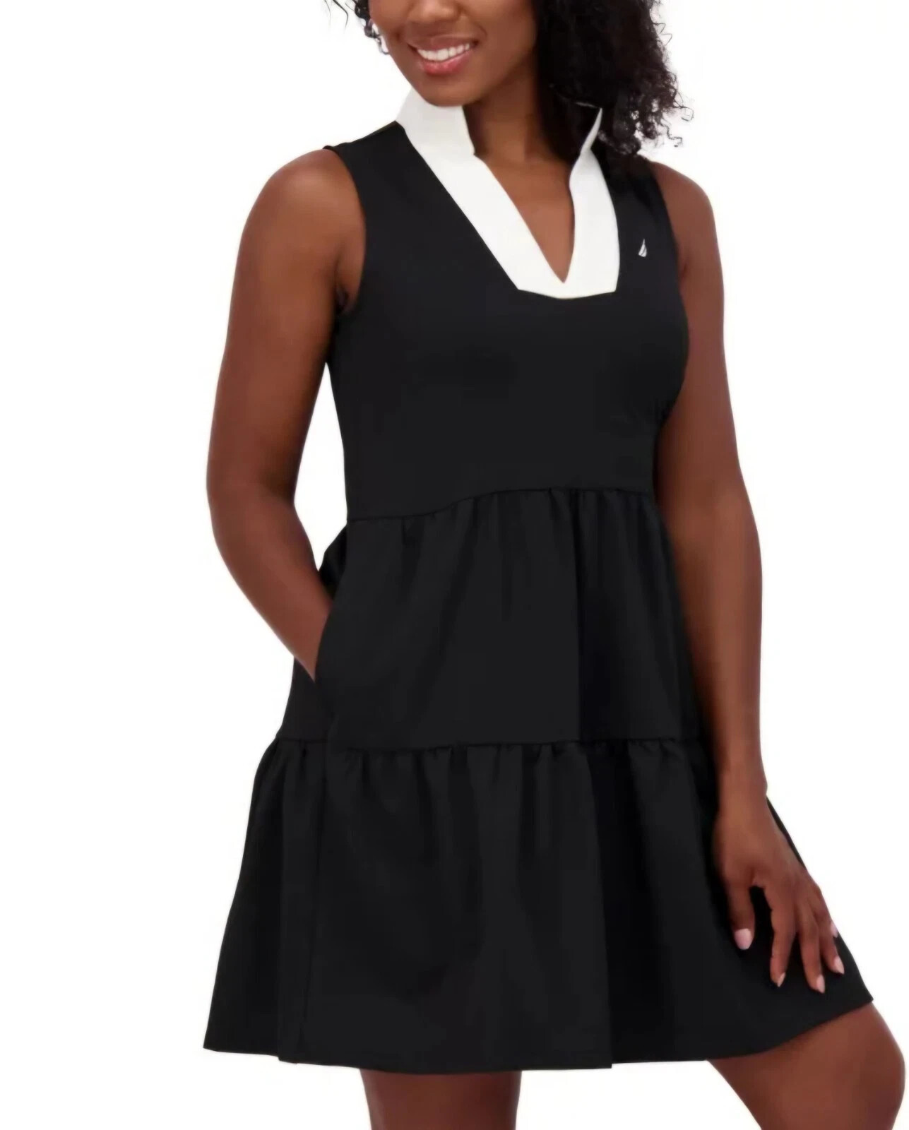 Nautica Jeans Women's Tiered Collar Sleeveless Mini Dress, Black, Size L