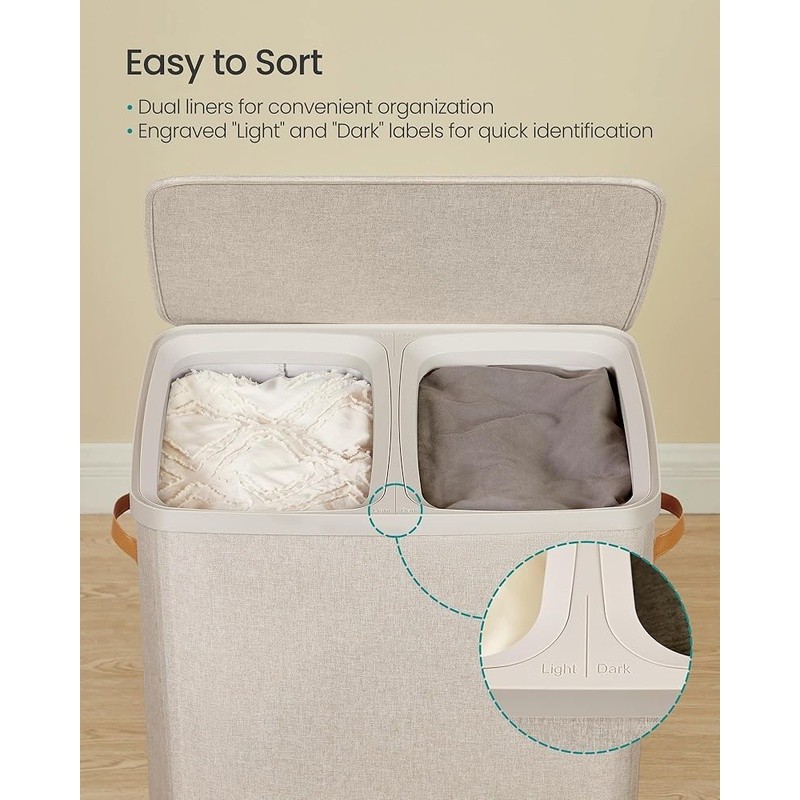 Laundry Basket W/ 2 Compartments Easy Assembly Hamper W/ Lid & Handles New