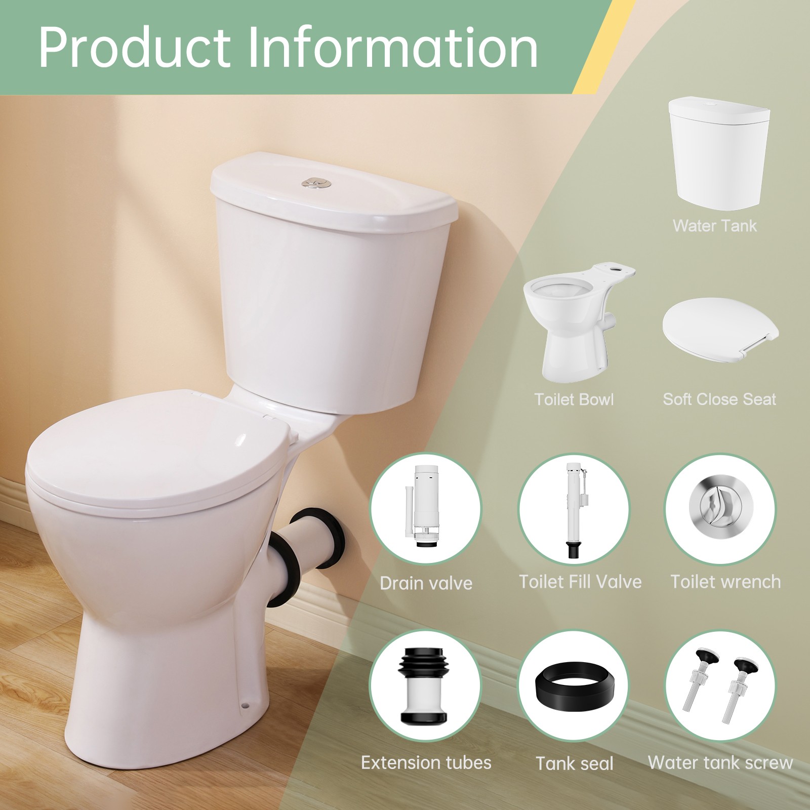 19 inch Rear Outlet Toilet with Tank Powerful Flush with Extra Extension Pipe