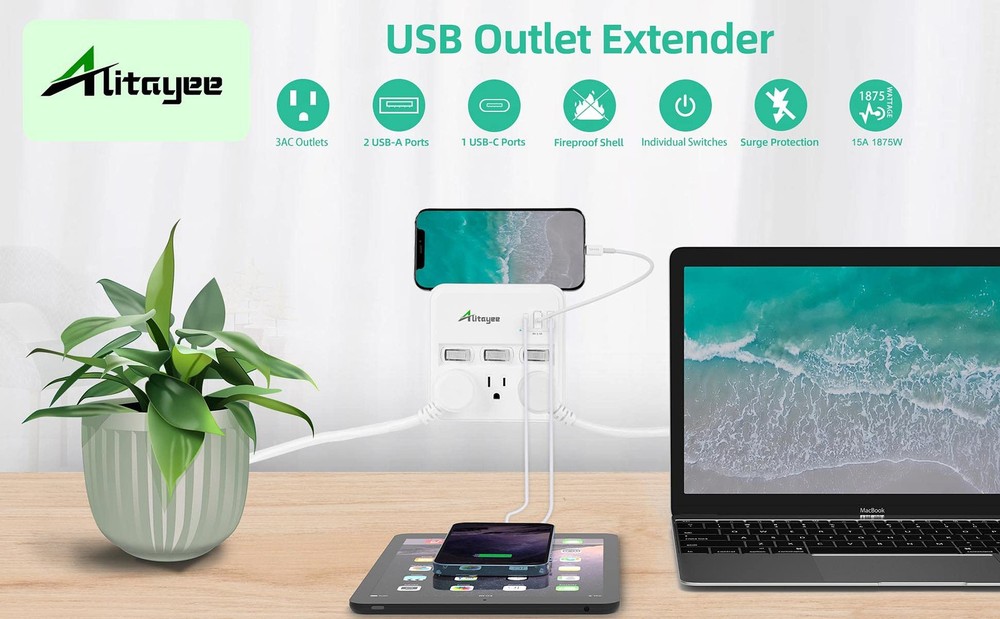 Alitayee Wall Outlet Extender Surge Protector, USB Power Strips with WHITE