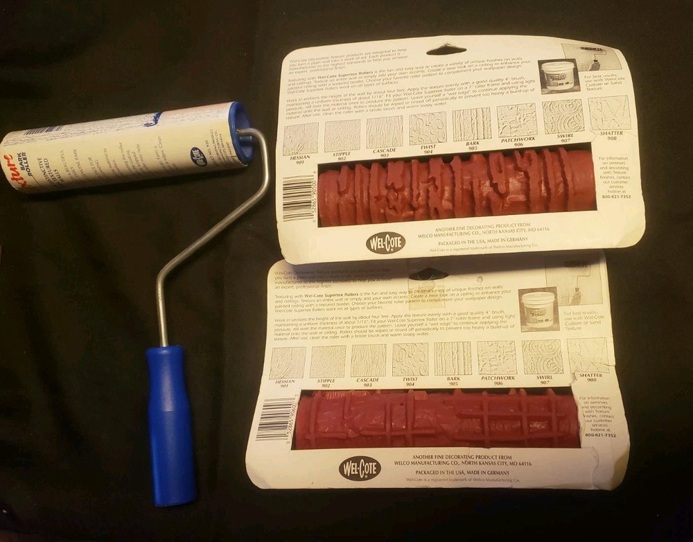 Vintage Nos 2 Wel-Cote Drywall Texture Rollers Tree Bark Patchwork Pattern Paint