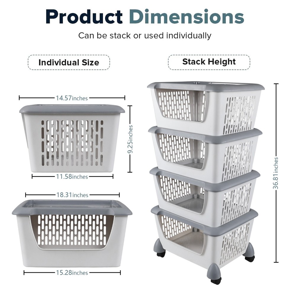 Idotry 4-Packs Plastic Stackable Storage Bins - Large Storage Basket with Wheels