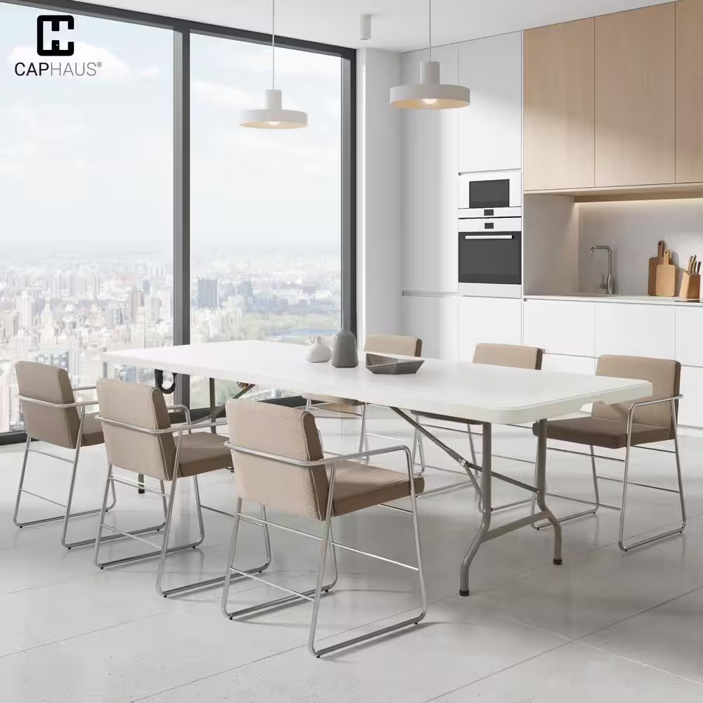 70.9 In. Gray Rectangle Steel Frame White Plastic Foldable Picnic Table