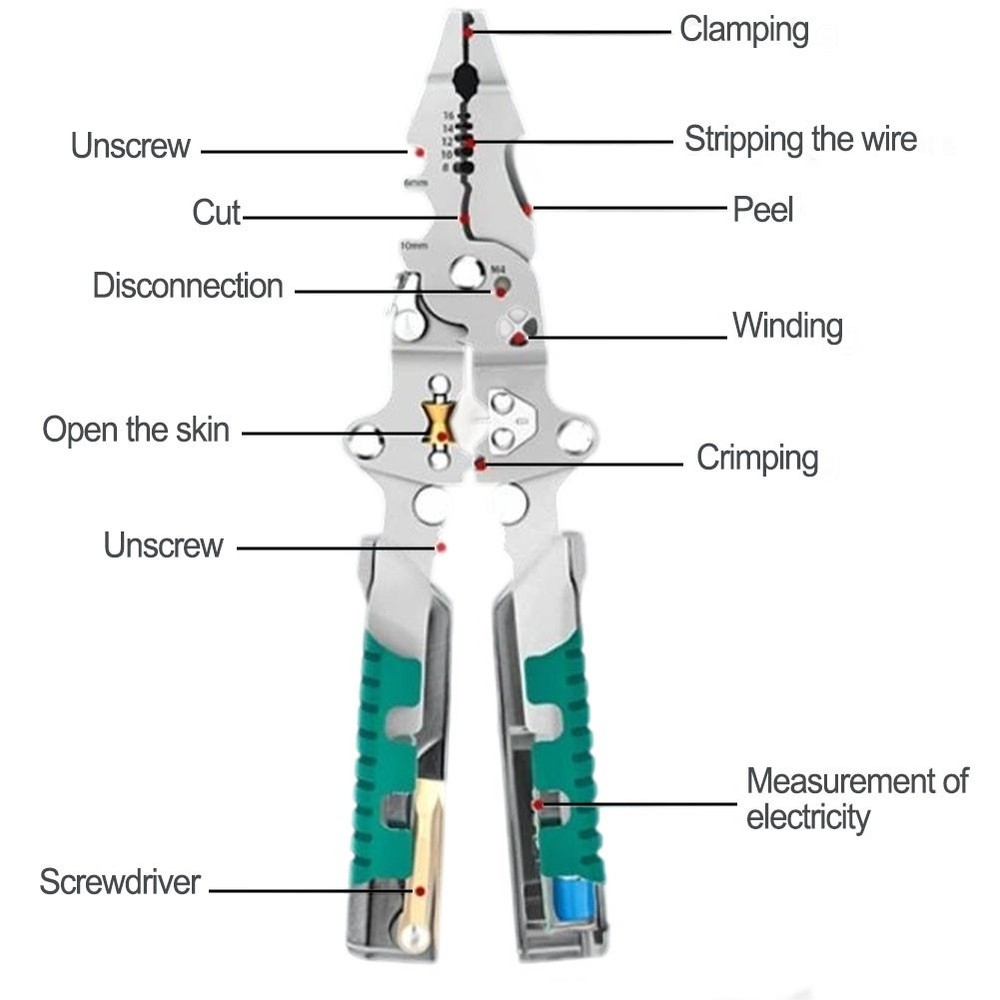 Compact Foldable Wire Stripper Pliers with Crimping Cutting and Voltage Testing