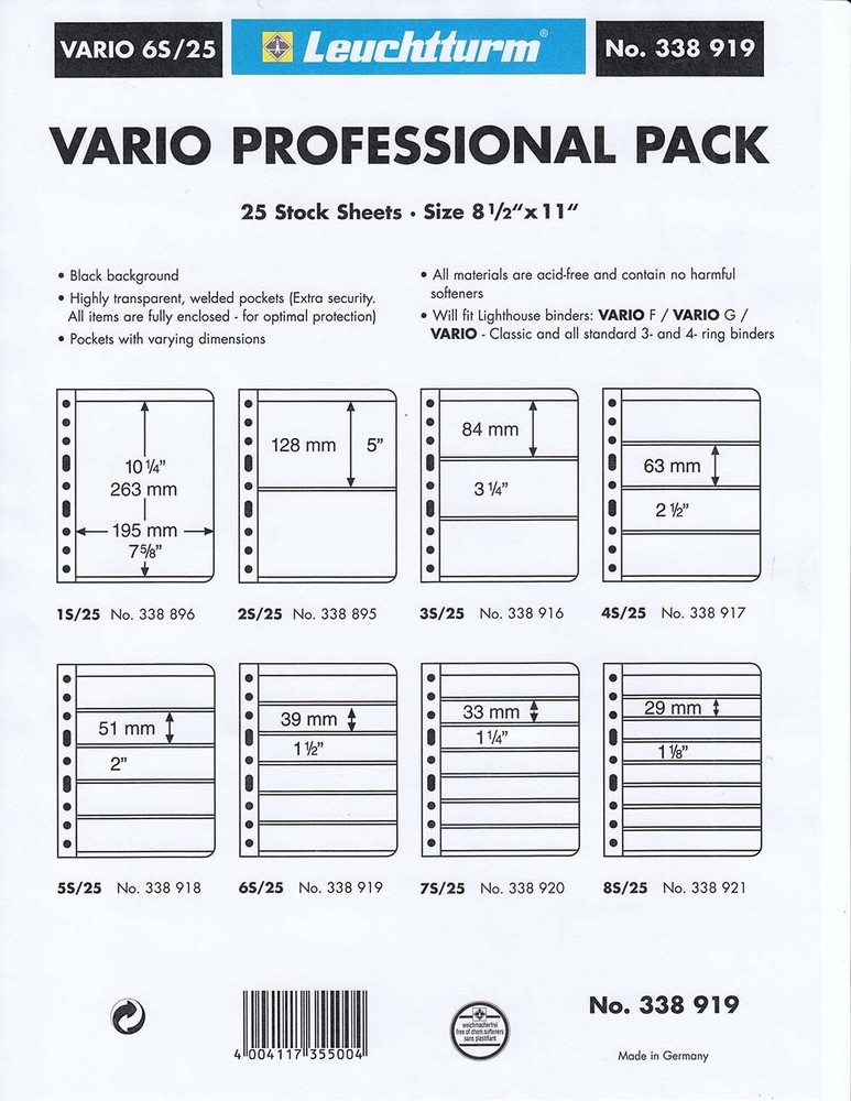 50 Lighthouse Vario 6S Stamp Stock Pages 6 Rows Double Side Archival Sheets New