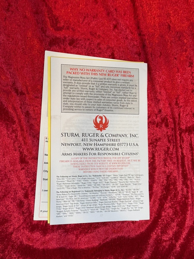 Original Ruger Gun Manuals – Multiple Models – Factory Instructions