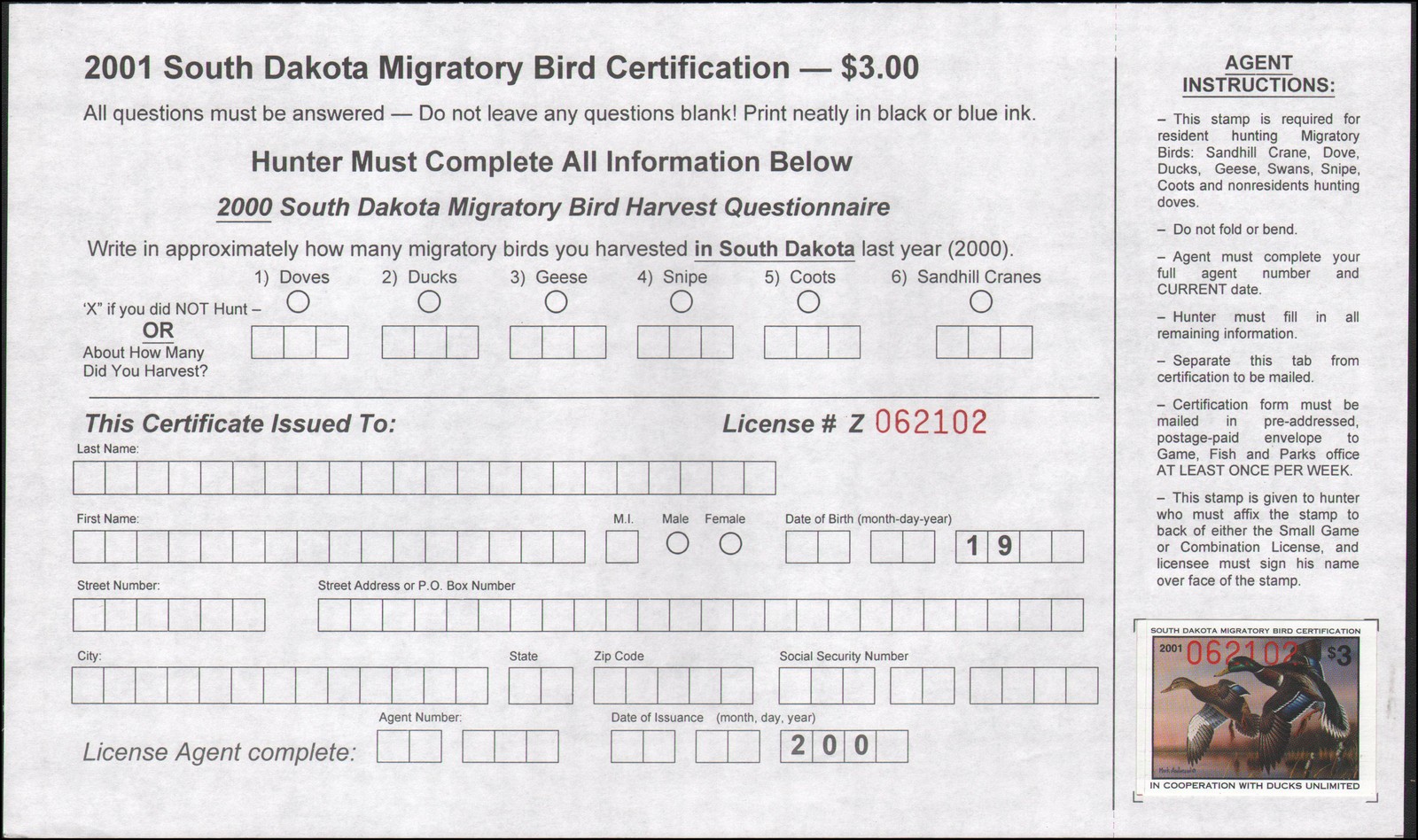 US state revenue-South Dakota MNH 2001 duck stamp with certification