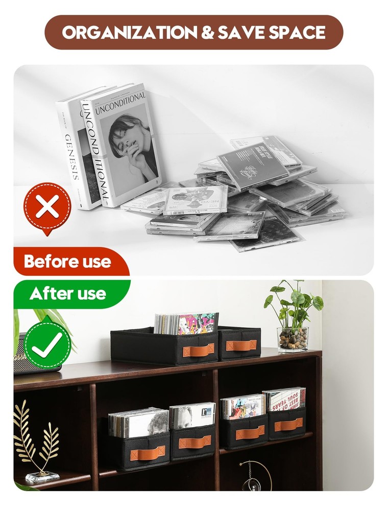 6 PCS Black CD Storage Boxes Case Holder Foldable Cabinets Handle Organizer