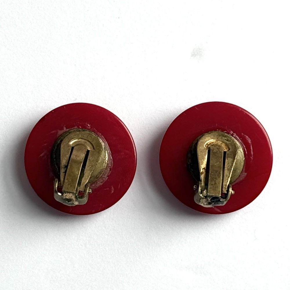 Vintage BAKELITE Round Button Cherry Red Clip On Earrings 1" Width Retro MCM