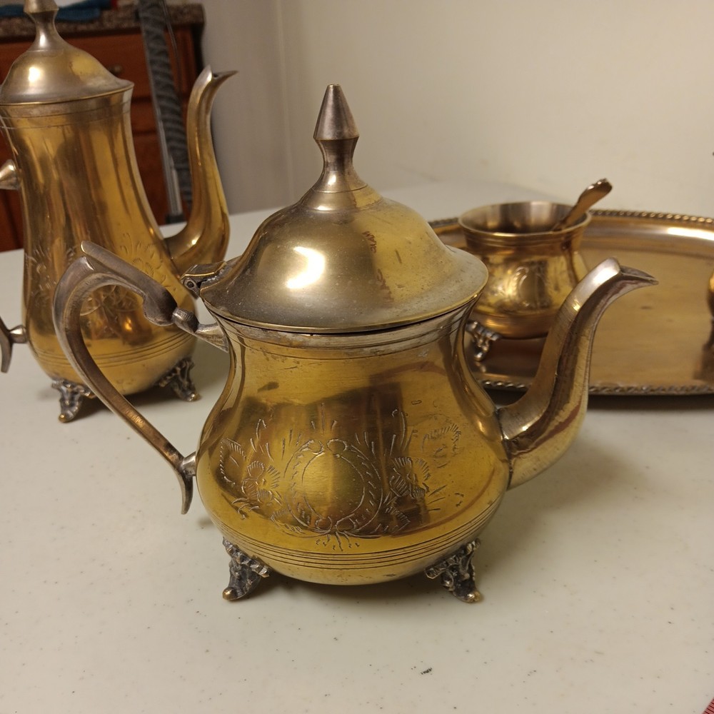 Vintage Solid Brass Coffee Tea Service W/ Tray Etched