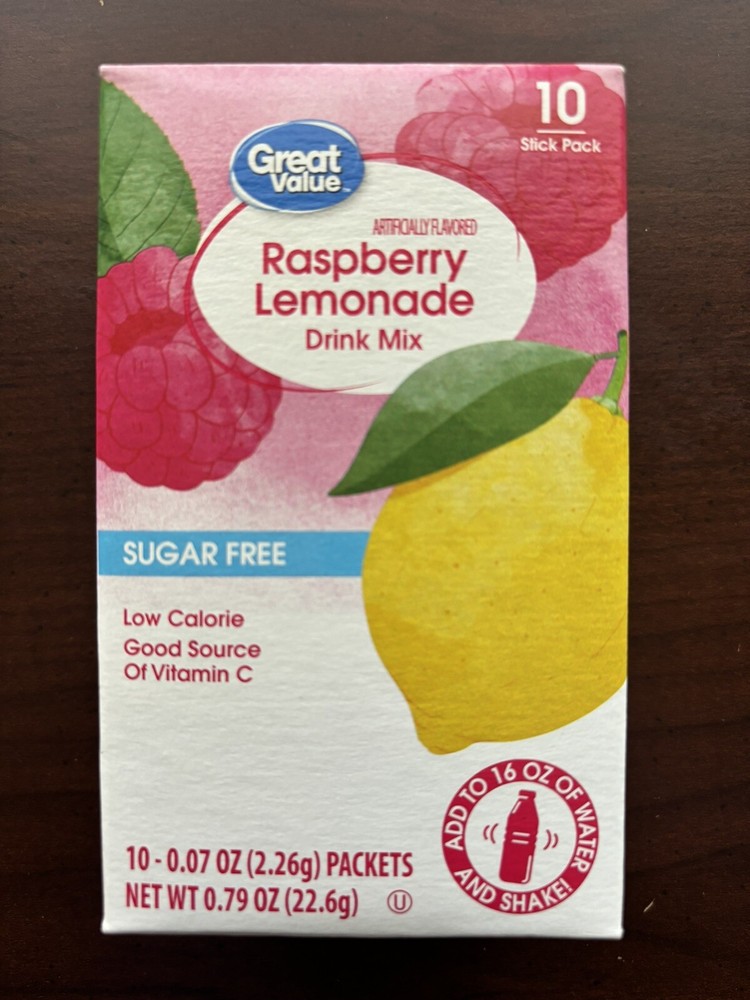 2 Raspberry Lemonade Sugar Free Drink Mix Singles to go
