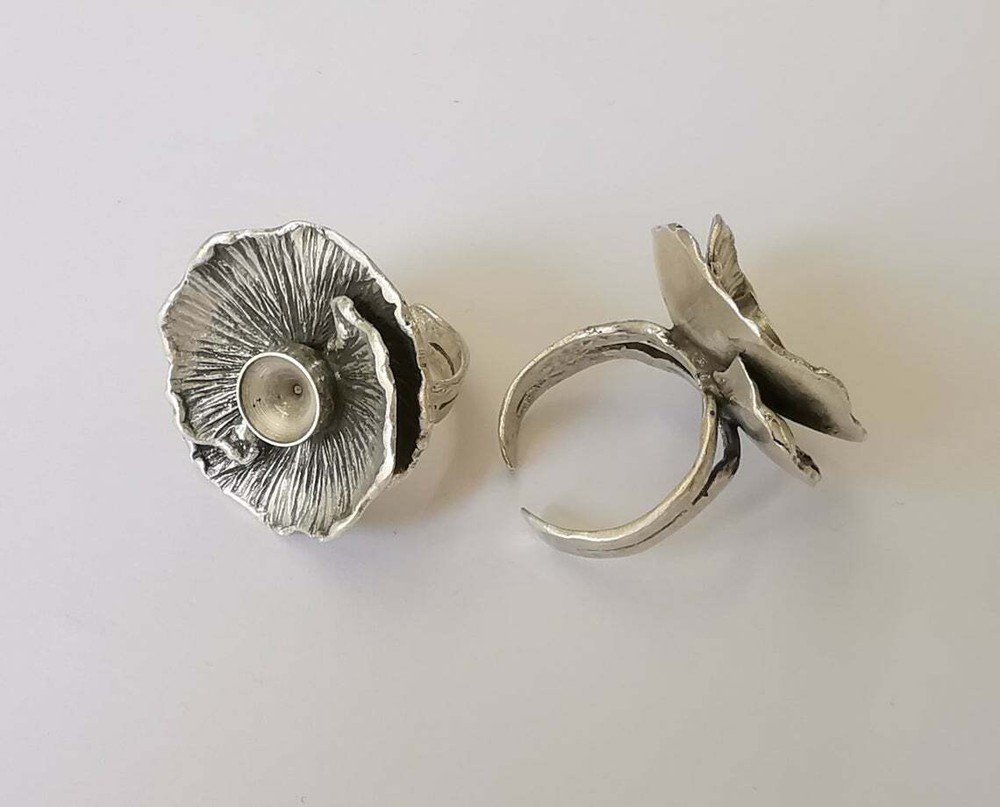 Flower silver ring blank base bezel settings cabochon Mountings Adjustable brass