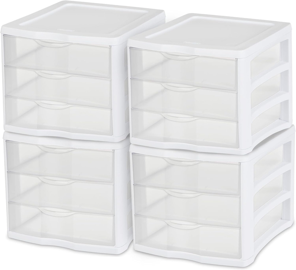 4-Pack 3 Drawer Unit, Stackable Plastic Organizer with Drawers, White Frame - Mu