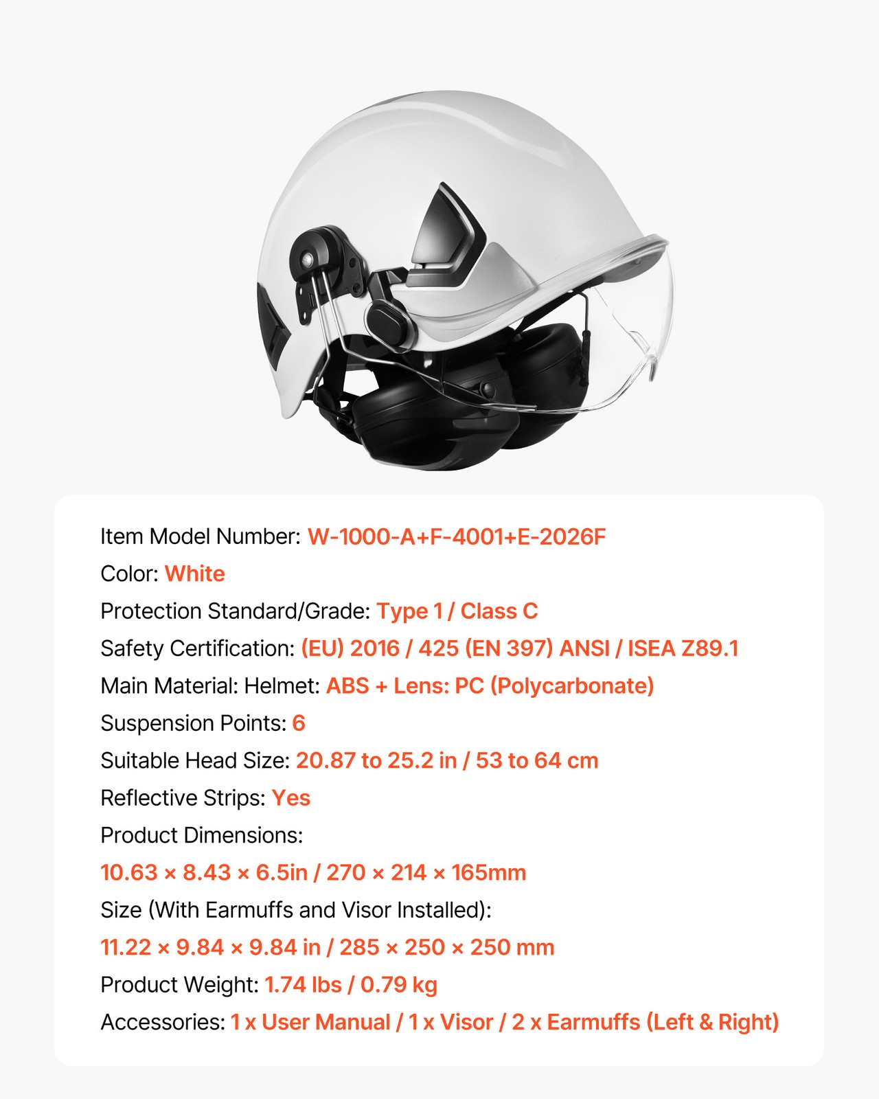 VEVOR Industrial Safety Helmet with Visor and Earmuffs Adjustable Vented Hardhat