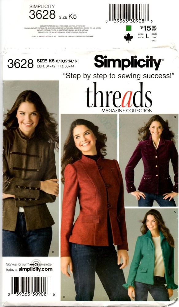 Simplicity Threads Sewing Pattern 3628, Jackets, sz 8-10-12-14-16