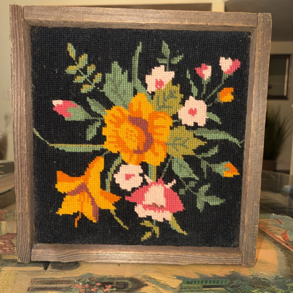 VTG Large Completed Needlework Sampler Flowers Floral Framed Unknown Age