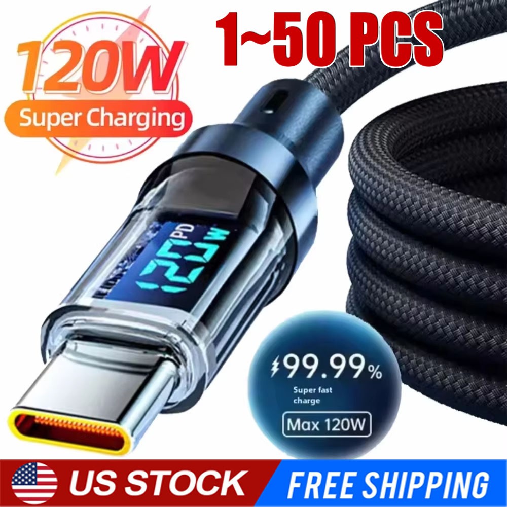 120w Super Fast USB Type-C Charging Braid Phone Charger Lead with Display LOT