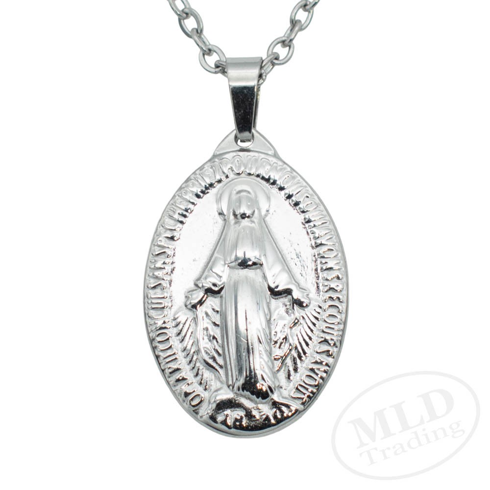 Miraculous Medal Necklace – Stainless Steel Virgin Mary Pendant – 18”+2” Chain