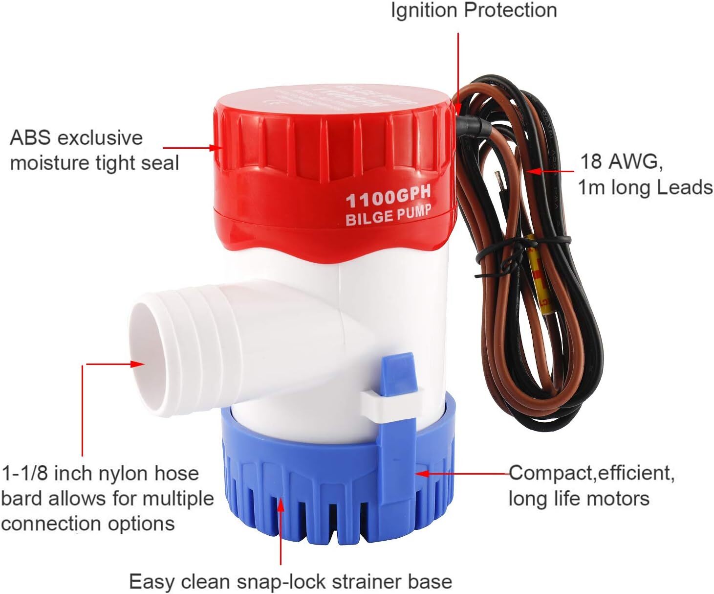 1100GPH 12V Electric Marine Submersible Bilge Sump Water Pump Boat 1-1/8" Hose