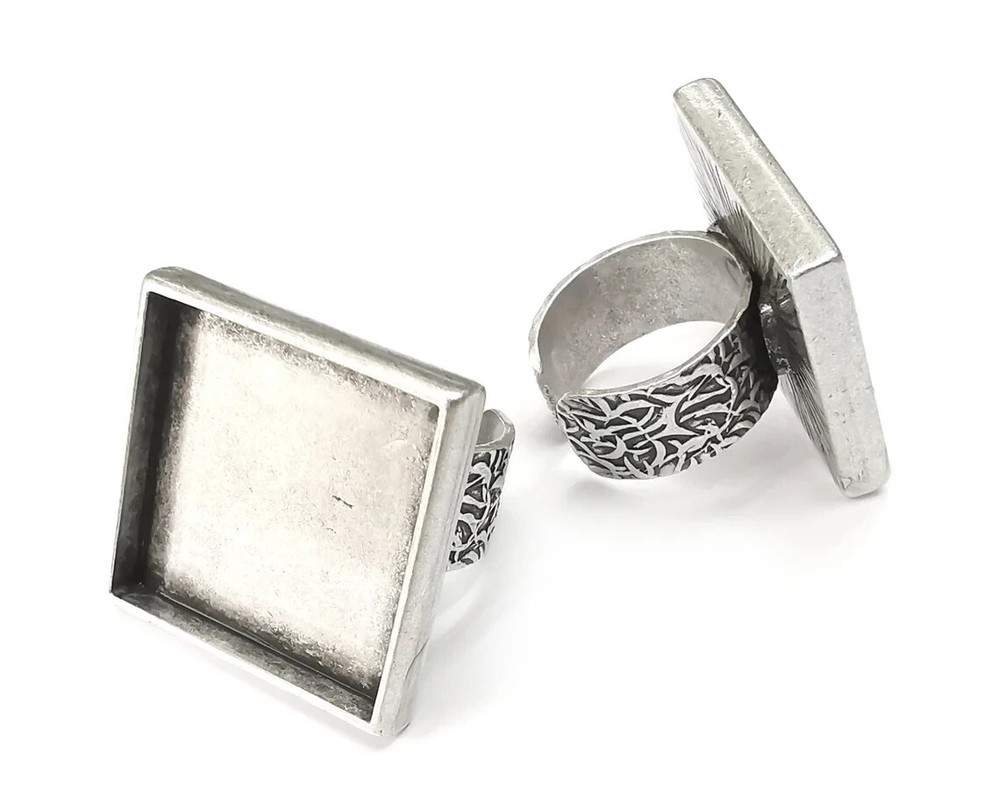 Square Antique Silver Ring Blank Settings, Cabochon Mounting Adjustable Resin