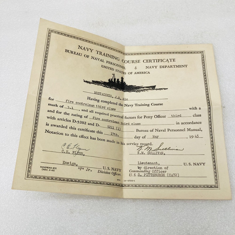 VTG‼ US Navy Training Course Certificate WWII Fire Controlman 3rd Class 1945