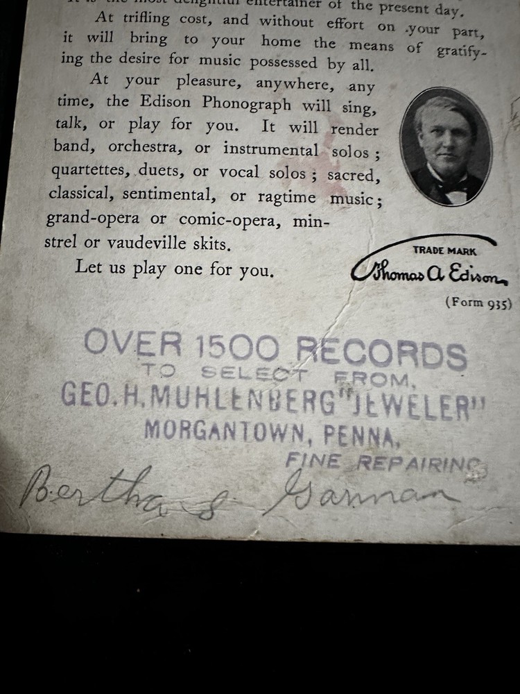 THOMAS EDISON PHONOGRAPH TRADE CARD, CIRCA