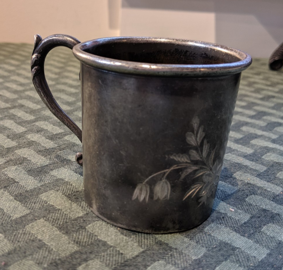 American antique late 1800s Silver Plate mug James Tufts Boston MA