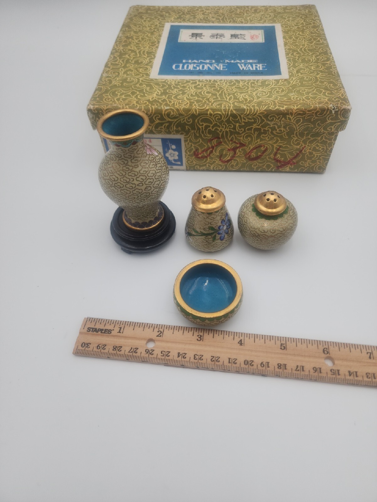 Vintage floral enamel cloisonne set- salt, pepper, vase, bowl, stand