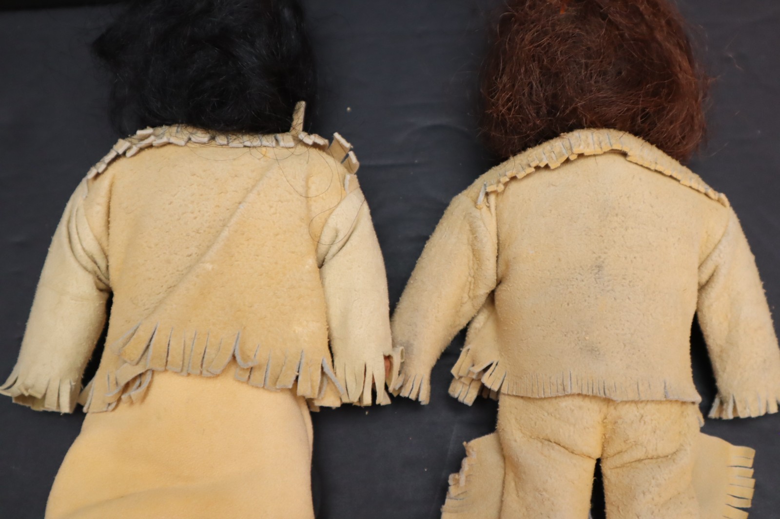 Antique Pair of NATIVE AMERICAN SIOUX Indian Wood Carved Leather Hide Dolls