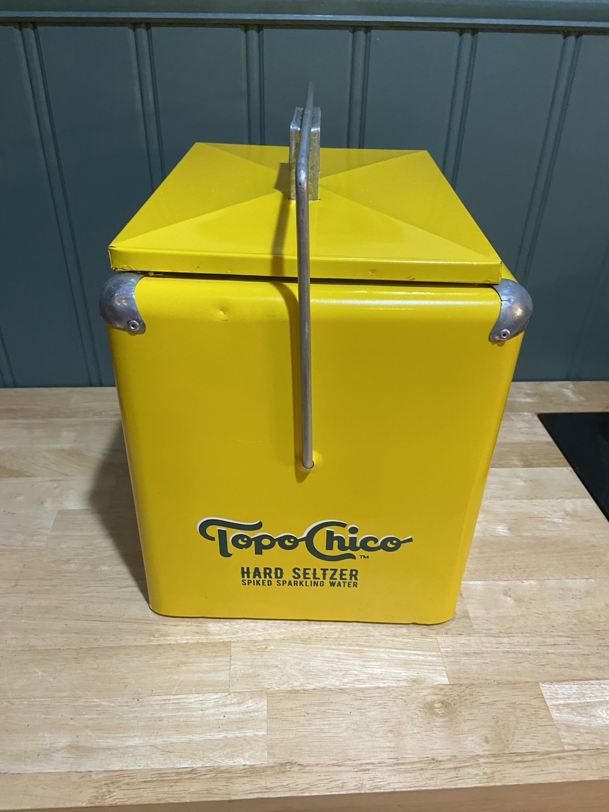 Topo Chico Cooler Metal Ice Chest Box Yellow Hard Seltzer Spiked Water Sparkling