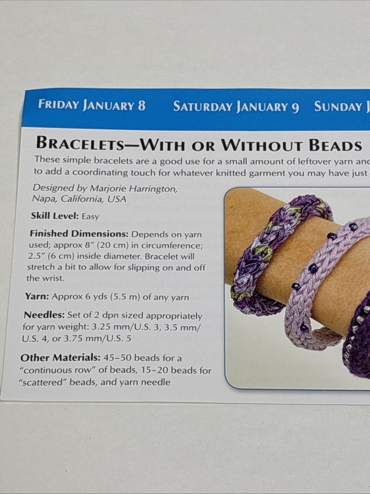 Bracelets With or Without Beads Knitting Pattern Card Page