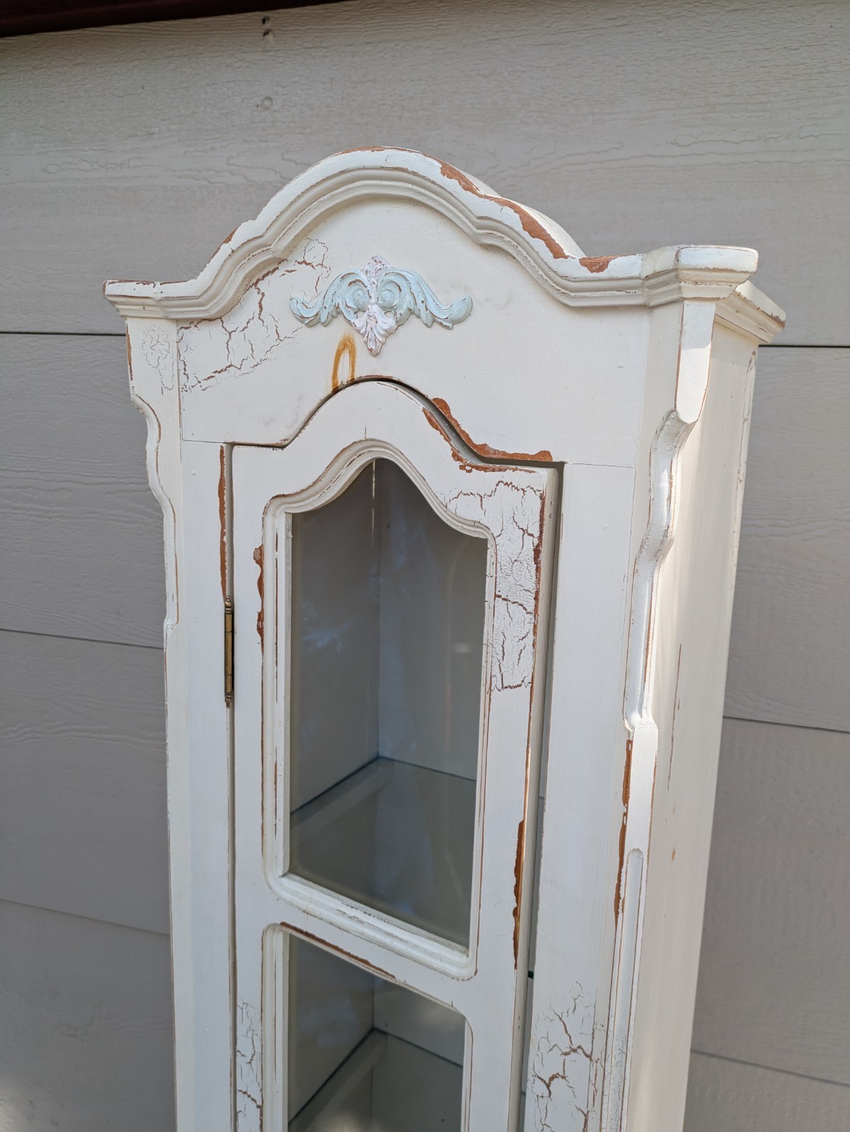 Vintage Shabby Chic French Country Cottage White Curio Display Cabinet Iron Legs