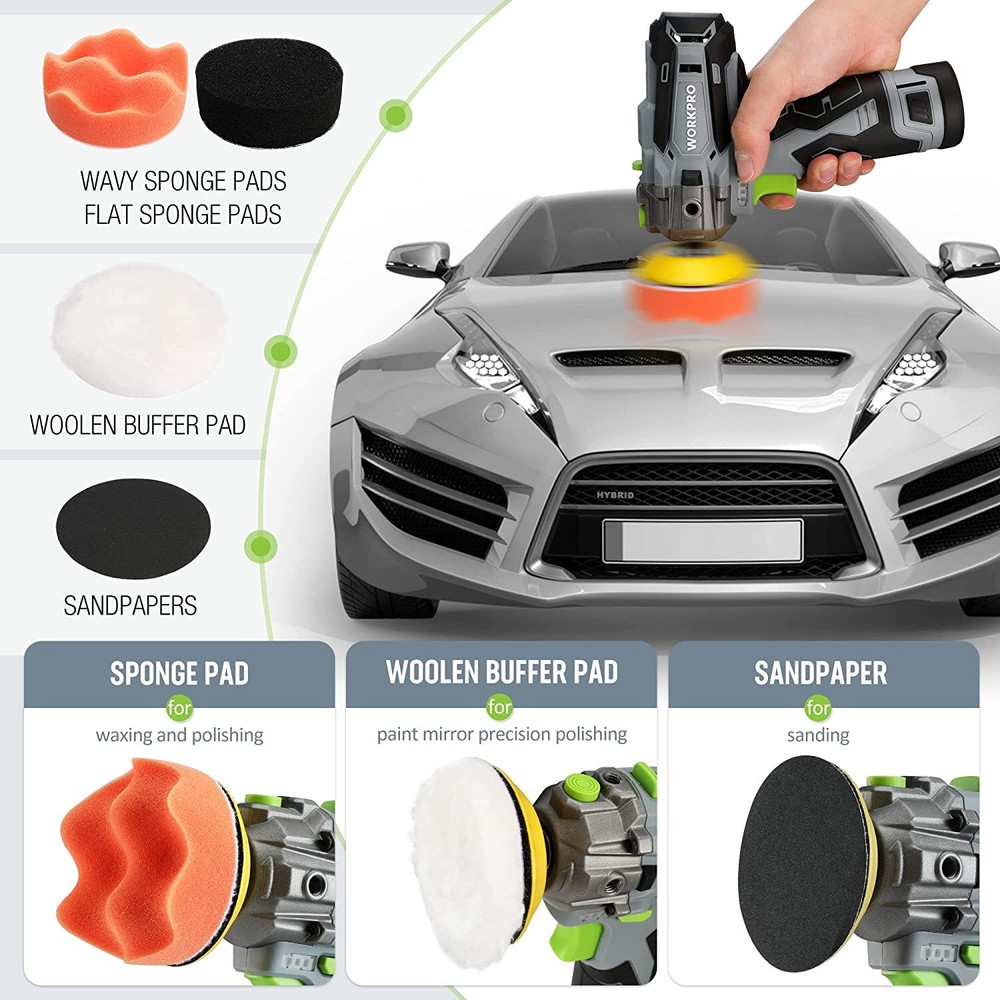 WORKPRO Cordless Polisher 12V Mini Car Detailing 3" Buffer & Sander Machine Kit