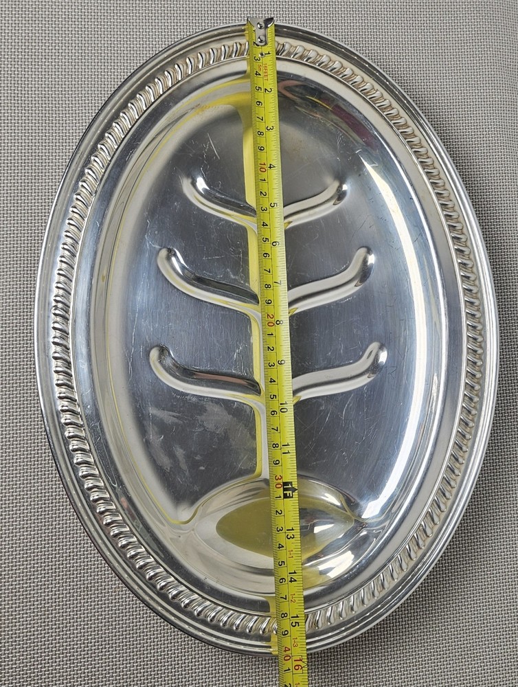 Silver Plate Meat Serving Tray Tree Design Ornate Edge 16" x 11"