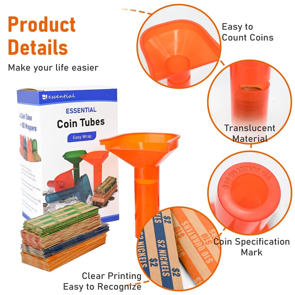 Coin Counting Tubes Set of 4, Color-Coded Tubes, Includes 100 Assorted Flat C...