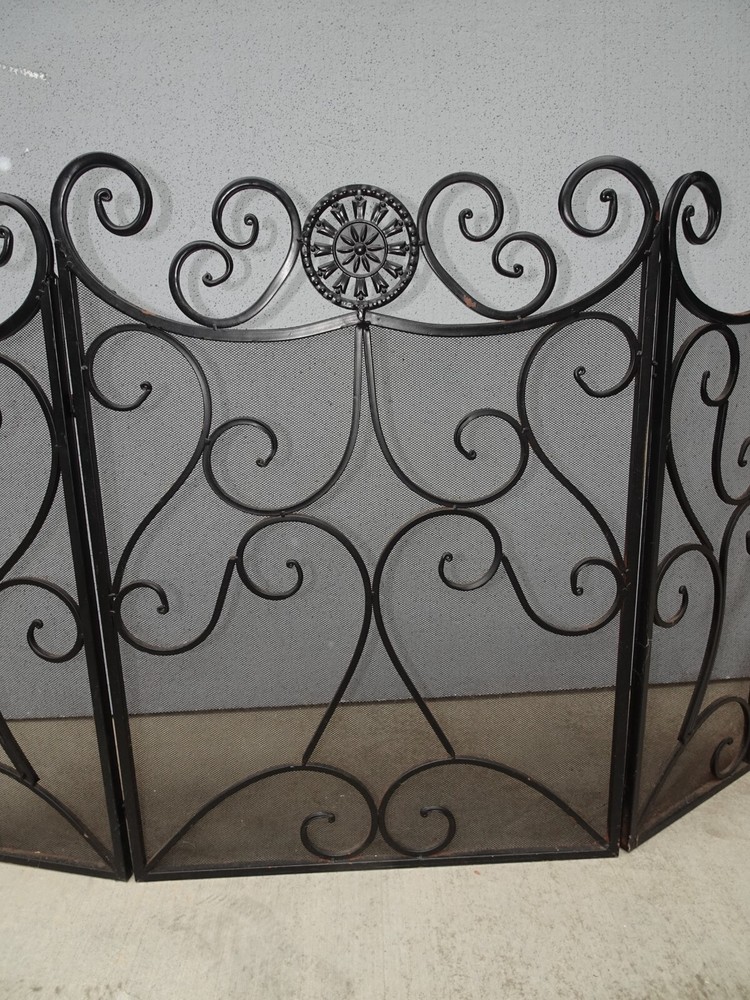 Vintage Tri-Fold Three Panel Black Metal Fireplace Screen