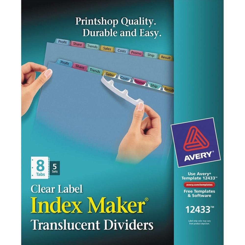 Avery Clear Label Index Maker Translucent Dividers Punched 8 Tabs 5 Sets 12433
