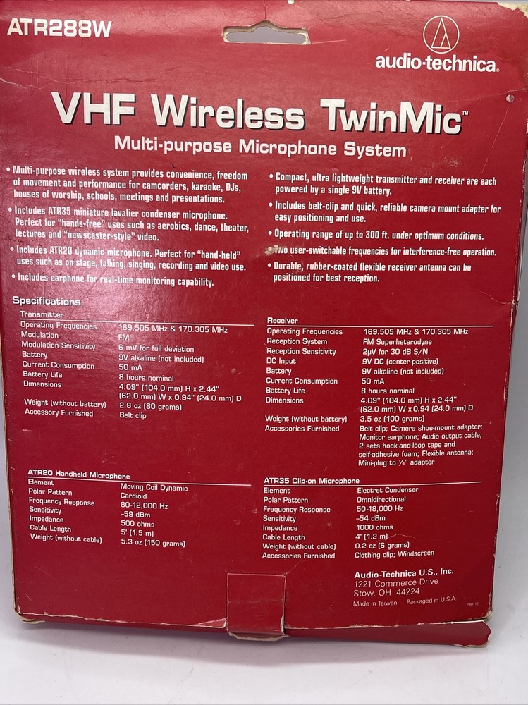 Audio-Technica ATR288W Multipurpose VHF Wireless Professional Microphone System