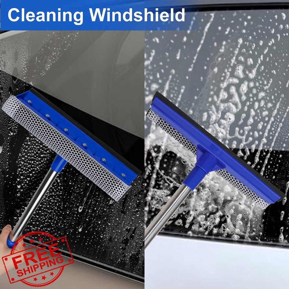 2-in-1 Car Windshield Squeegee Sponge Scrubber Blue Handle