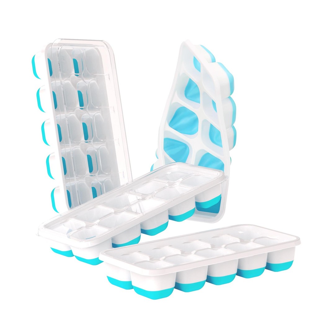 DOQAUS Ice Cube Tray with Lids - 4 Pack Stackable 7.2"*4.1"*1.3", Light Blue