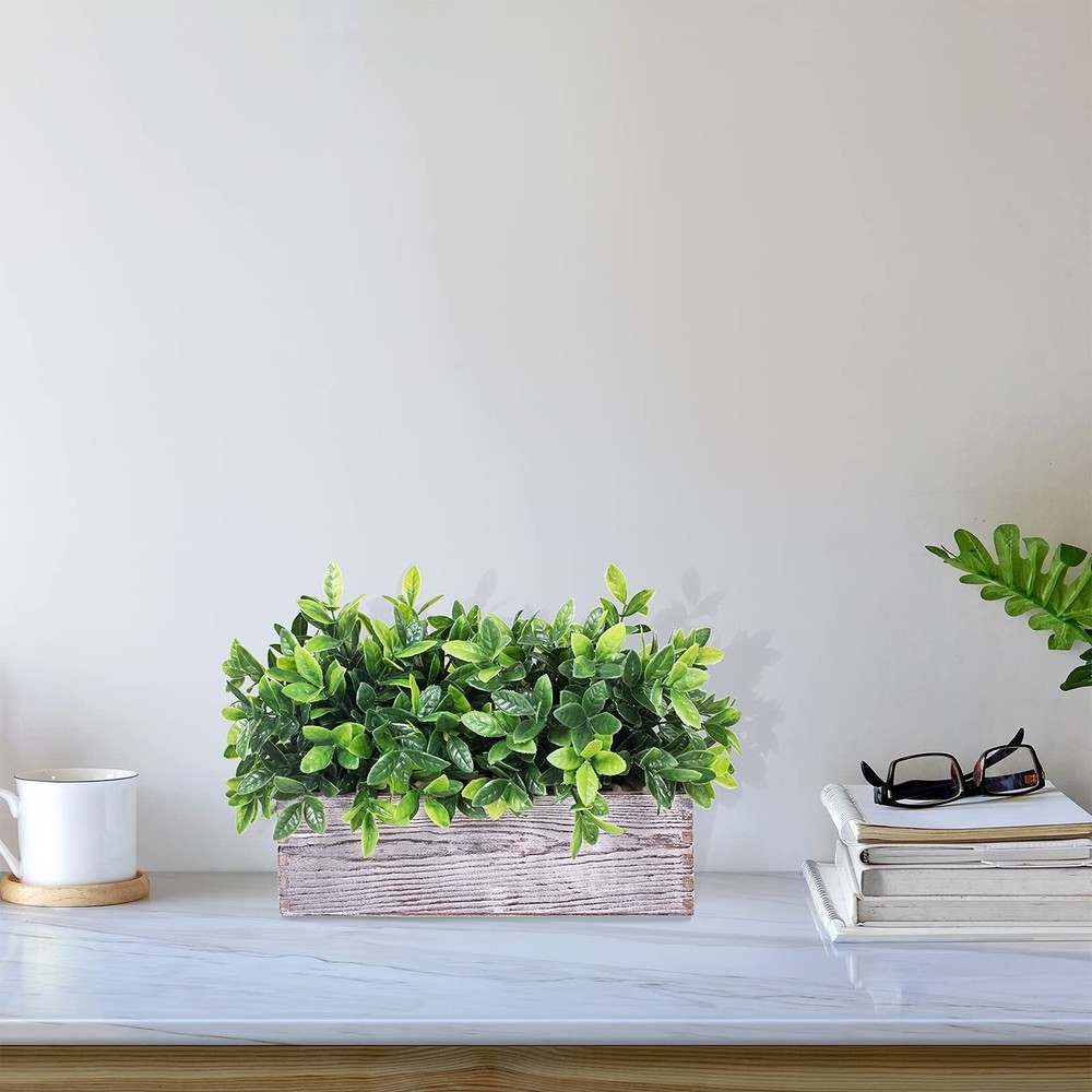 Artificial Eucalyptus Plant in Rustic Rectangular Wooden Planter Box Faux Pot...