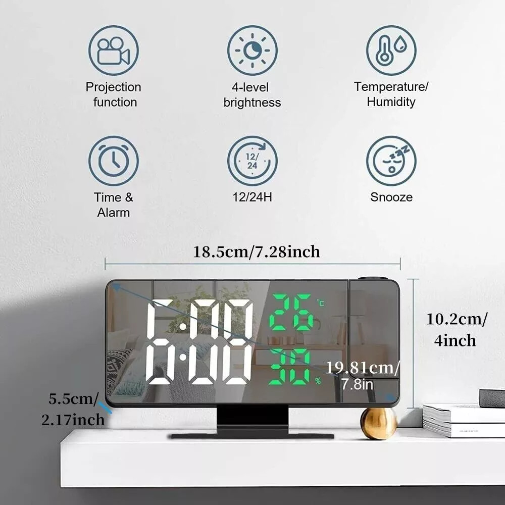 7.8" LED Digital Projector Projection Snooze Dual Alarm Clock Timer USB A+