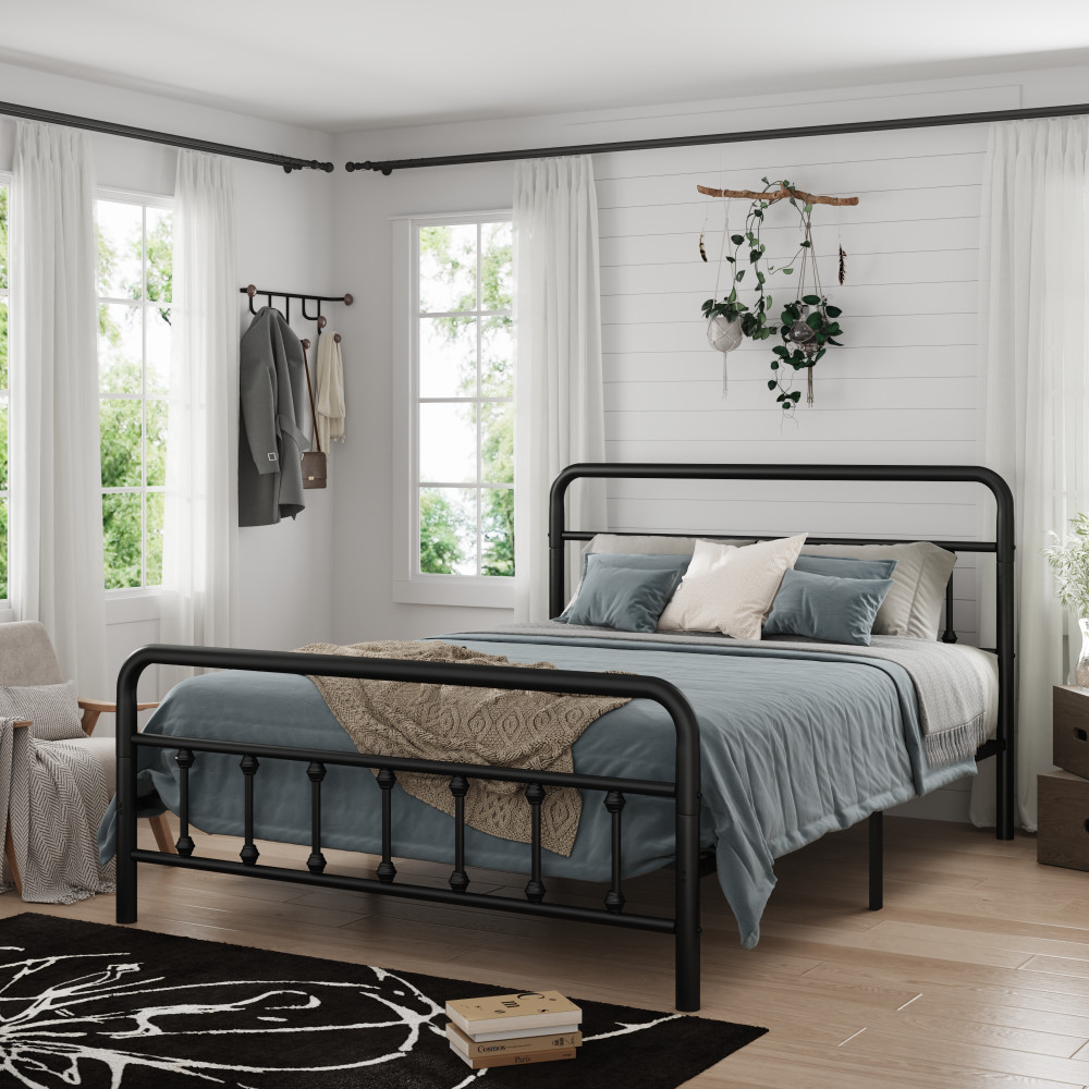 Full Metal Bed Frame w/ Headboard, Sturdy Structure & Storage, Black