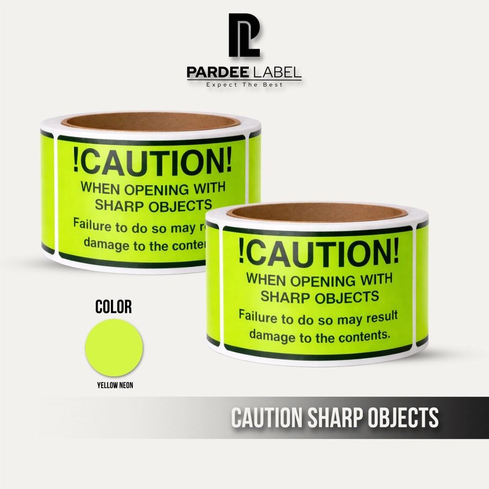Caution Sharp Objects Stickers 2x4 Neon – 200 Safety Labels Roll
