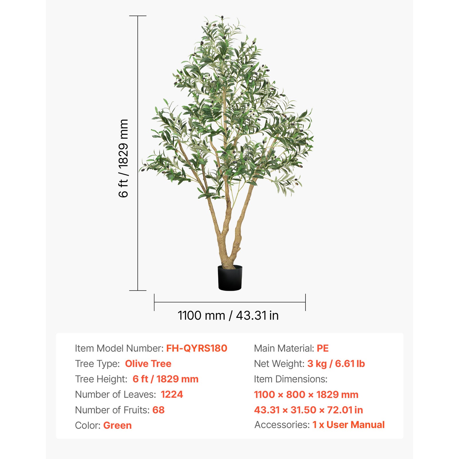 Uimoso 6FT Artificial Olive Tree Tall Fake Plant with Black Pot Home Office