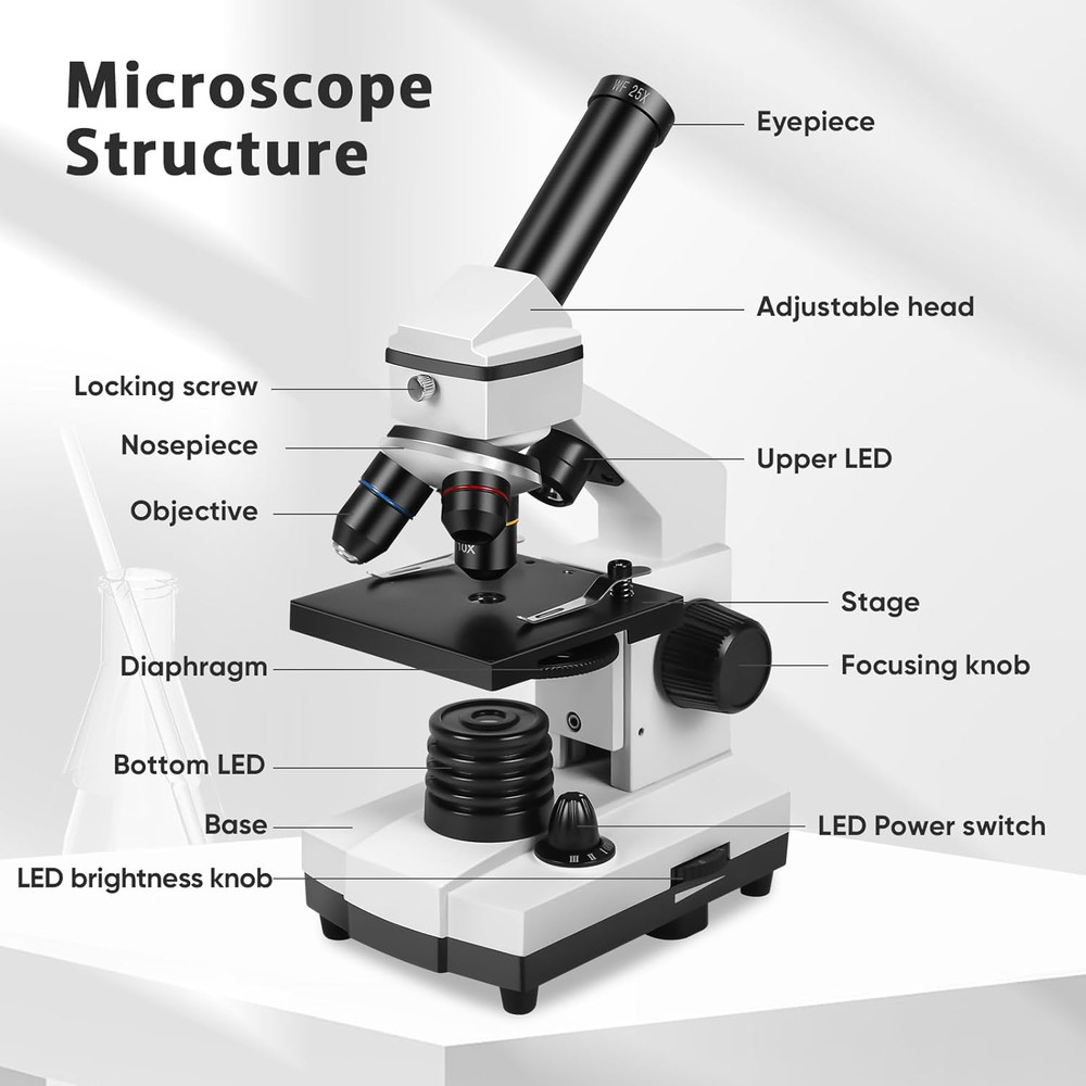 Compound Microscope for Kids 8-12 100X-2000X Microscope Kit Slides Covers Lab