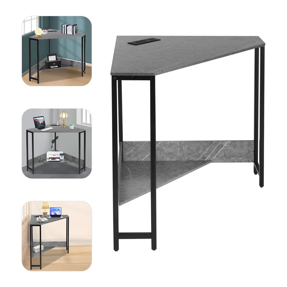 Corner Desk, Small Computer Desk with Outlets & LED Lights, Small Office Desk