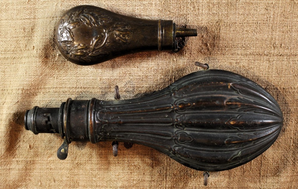 2 Antique Repousse Decorated Copper Powder Flasks c. 1850