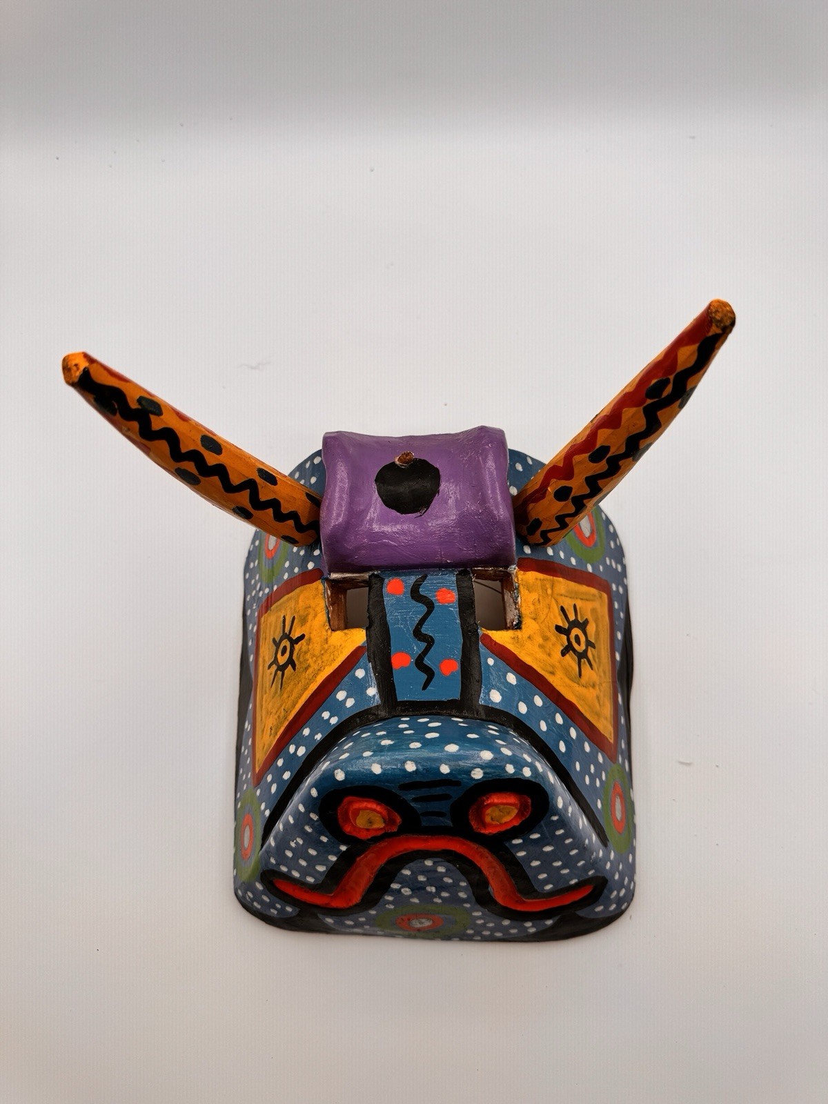 Vintage Guatemalan Festival Bull Mask Hand Carved Wood Folk Art Toro