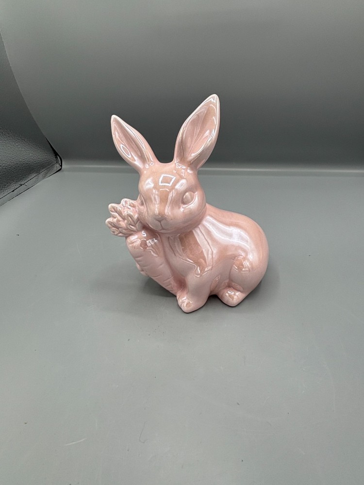 Glossy pink ceramic Easter bunny with carrot